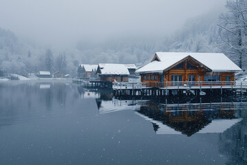 Fototapeta premium On snowy days, the wooden pavilion and boardwalk by the lake