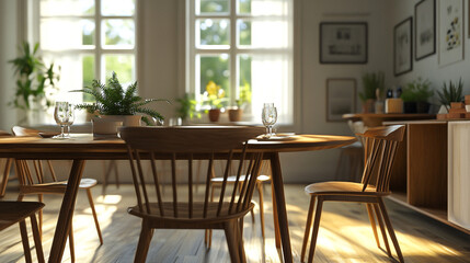 Empty modern cafe with no people with plenty of natural light, Brown wooden table and chairs around it. Fashionable stylish interior