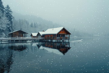 Fototapeta premium On snowy days, the wooden pavilion and boardwalk by the lake