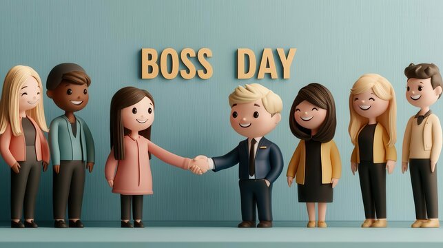 Child and boss shaking hands at a Boss Day event, employees smiling, 3D illustration