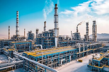 Fototapeta premium Saudi Arabian oil refinery factories with pipelines and storage tanks, emphasizing large-scale energy production and refining operations.