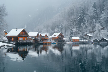 Fototapeta premium On snowy days, the wooden pavilion and boardwalk by the lake