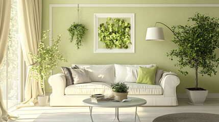 Modern interior jacanid style design Livingroom. Lighting and sunny Scandinavian apartment with plaster,  interior design of modern loft apartment living room with white sofa