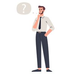 Flat vector illustration on white background. man in office clothes thinking about a problem, speech bubble and question mark. Vector illustration