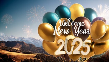 Write Welcome happy new year 2025 on balloons
