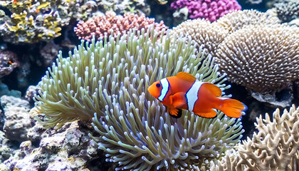 The colorful clownfish in the coral reef