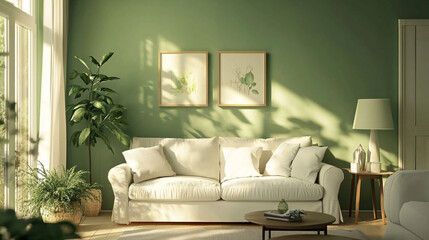Naklejka premium Cozy living room with a green color scheme, featuring a plush green sofa, Modern bathroom interior in minimal Scandinavian style, green colors marble surface.