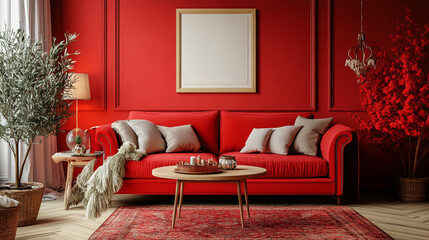 Bedroom interior in modern hotel with red wall and red sofa.