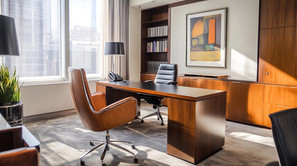Luxury and contemporary lobby area interior design in white and wood style with reception counter, Modern office meeting room interior.