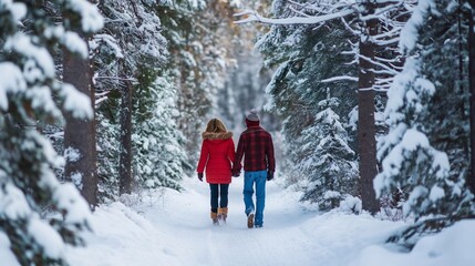 Couple is enjoying a romantic walk in a snowy forest as the sun sets behind the trees, creating a magical winter atmosphere. Resting and relaxing in the winter forest , Christmas and New Year time
