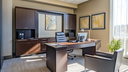 Wooden work desk with laptop and documents, books, Doctor's office interior with modern workplace in clinic.