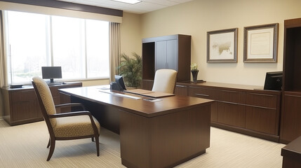 Fototapeta premium Modern wooden office interior with desktop, equipment, window with city view, modern natural material and creative design working space working room