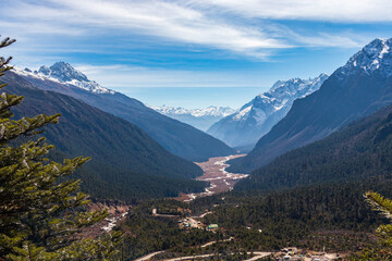 A captivating view of the Himalayas from Sikkim, India, featuring a lush valley, snow-capped peaks, and a winding river. Perfect for themes related to nature, travel, and scenic landscapes.