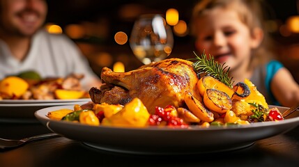 Roasted chicken with vegetables served on a plate, with family enjoying a meal together in a cozy, warmly lit dining setting.