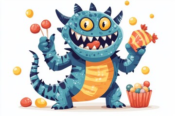 Obraz premium A playful blue monster enjoying colorful candies, perfect for children's illustrations or fun designs.