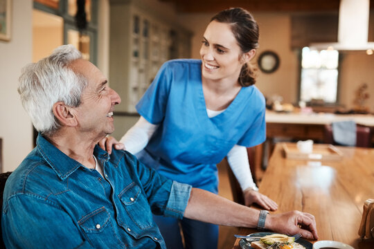 Checkup, helping and nurse with senior man in assisted living facility with healthy breakfast for nutrition. Happy, talking and healthcare caregiver with elderly male patient in retirement home.