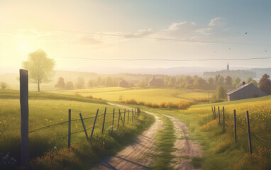 Obraz premium Rural Countryside Road with Farmhouse and Golden Fields at Sunset
