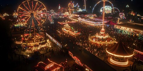 Aerial View of a Vibrant Amusement Park at Night