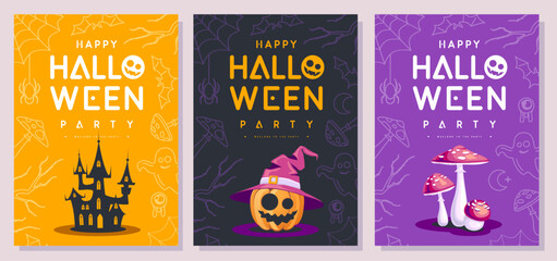 Set of flat Halloween party posters with halloween smiling pumpkin, fly agaric and spooky castle. Halloween spooky background. Vector illustration