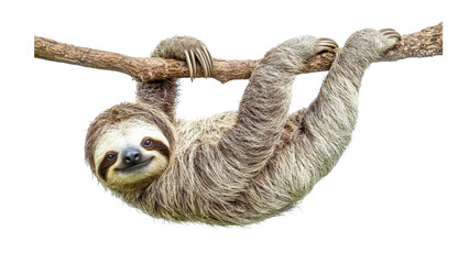 Fototapeta premium Sleepy sloth hanging from a branch, isolate isolated on transparent background, PNG file,