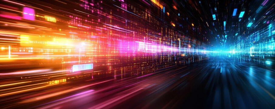 Dynamic light trails in vibrant colors create an abstract motion background, ideal for technology, speed, and digital themes.