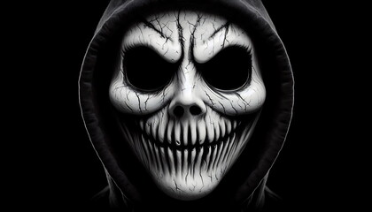 An Anonymous Person Wearing a Scary Demon Mask and Hoodie, for Horror Stories or Movies, Black Background, 4K Resolution © Ruzflix