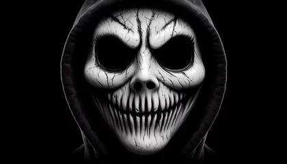 An Anonymous Person Wearing a Scary Demon Mask and Hoodie, for Horror Stories or Movies, Black Background, 4K Resolution © Ruzflix