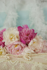 Elegant Floral Arrangement with Pink and White Peonies, Pearls, and Lace