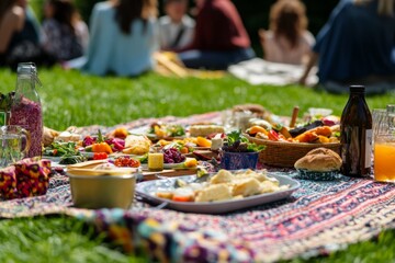 Obraz premium A vibrant picnic scene with a colorful spread of food on a blanket. Friends enjoy snacks and drinks in a sunny park. It captures joy and togetherness. Generative AI