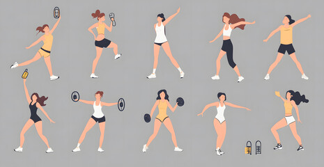 Women Exercising on Gym Equipment, Performing Cardio and Strength Workouts Design