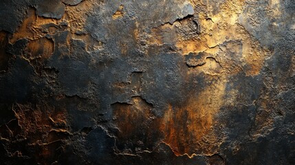 A corroded metal and concrete surface with visible wear and tear, scratches and cracks, illuminated by subtle light, dark grunge aesthetic