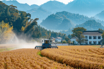 Fototapeta premium During the harvest season, harvesters work in the fields