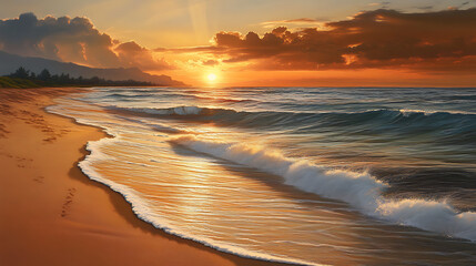 Idyllic sunset on the beach with smooth waves and peaceful vibe