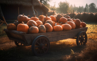 Rustic Wooden Wagon Full of Pumpkins at Sunset