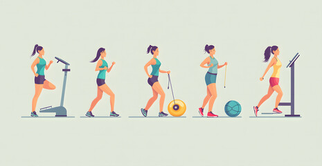 Fototapeta premium Women Exercising on Gym Equipment, Performing Cardio and Strength Workouts Design