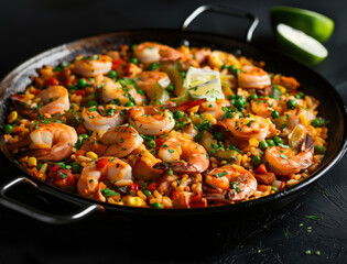Traditional Mediterranean seafood paella in a rustic setting with direct sunlight