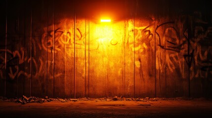 Obraz premium A rusted, decaying wall with layers of graffiti, splashes of faded paint, dark earthy tones, high contrast lighting, grunge aesthetic, chaotic yet artistic design