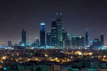 Night view of Riyadh&rsquo;s illuminated skyscrapers, modern architecture, and glowing towers highlighting the city's rapid urban growth and development.