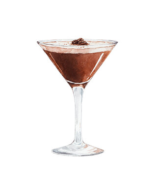 recommend clip art: Watercolor espresso martini illustration. Alcohol long drink clipart. Glass of cocktail. Club shake beverage hand drawn illustration. Stock print.