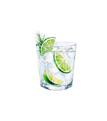 Watercolor Gin Tonic illustration. Alcohol long drink clipart. Glass of cocktail. Club shake beverage hand drawn illustration. Stock print.