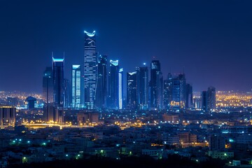 Fototapeta premium Night view of Riyadh’s illuminated skyscrapers, modern architecture, and glowing towers highlighting the city's rapid urban growth and development.