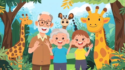 Fototapeta premium Grandparents with grandchildren at the zoo, flat design, front view, animal encounter theme, cartoon drawing, colored pastel