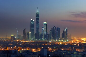 Obraz premium Night view of Riyadh’s illuminated skyscrapers, modern architecture, and glowing towers highlighting the city's rapid urban growth and development.