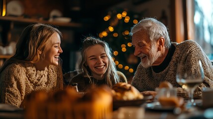 Three generations gathered around a table, laughing and sharing stories, raw photography, warm lighting, high detail