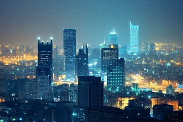Fototapeta premium Night view of Riyadh’s illuminated skyscrapers, modern architecture, and glowing towers highlighting the city's rapid urban growth and development.