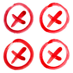 Obraz premium Bold hand painted red X cross mark inside a circle rough brush strokes transparent background, disapproval, choice, mistake, error, cancel incorrect symbol.