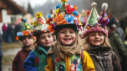 A group of children wearing colorful hats and scarves