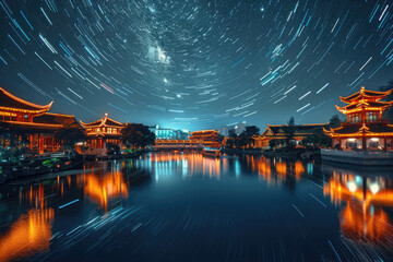 Obraz premium Pavilions, towers, and the starry sky
