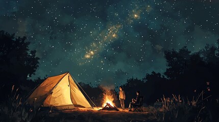 A nuclear family camping under the stars, with a cozy tent and a glowing campfire, watercolor style