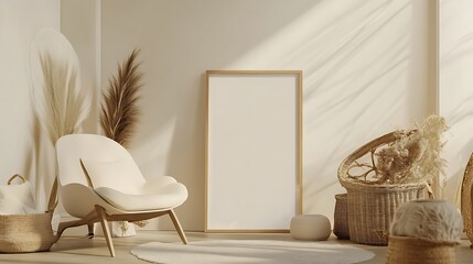 Minimalist Living Room with a Large Blank Canvas and White Armchair